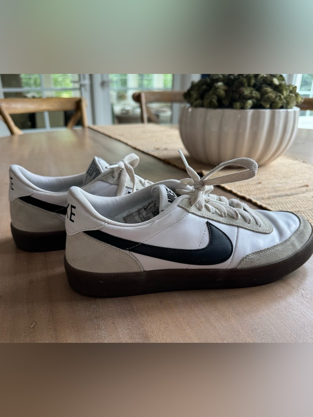 Nike Men’s Court White Sneakers with Black Swoosh and Brown Sole